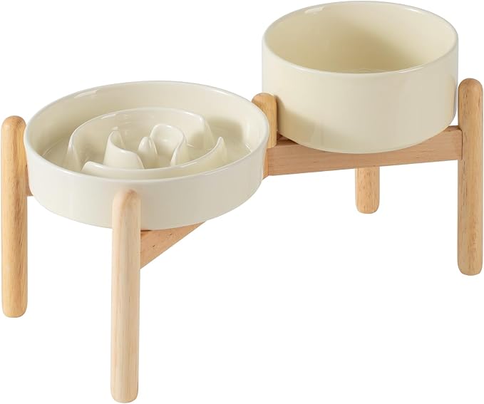 Havniva 7.3” Raised Slow Feeder Dog Bowls Set, 1.2 Cups Ceramic Slow Feeder Dog Bowl and 6.1” Dog Water Bowl with Elevated Wooden Stand Puzzle Dog Food Bowl for Small Dogs Anti-Gulping & Anti-Choking