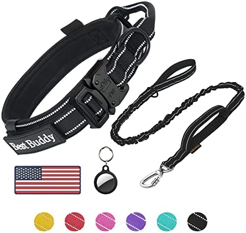 AUBELL Reflective Tactical Heavy Duty Dog Leash and Collar Set,Black M