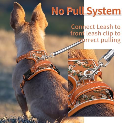 HEELE Dog Harness, No Pull Adjustable Padded Reflective Harness for Small Medium Large Dogs with Handle for Walking Training, Flower-Orange,XL