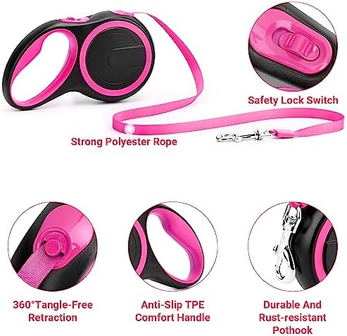 Segarty Pink Retractable Dog Leash, 16ft Heavy Duty Walking Dog Leash for Medium Small Dogs up to 44lb, Anti-Slip Handle 360°Tangle-Free Nylon Tape, One-Handed One Button Lock and Release