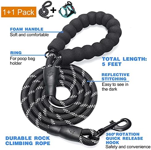 tobeDRI No Pull Dog Harness Adjustable Reflective Oxford Easy Control Medium Large Dog Harness with A Free Heavy Duty 5ft Dog Leash, Black/Blue, M