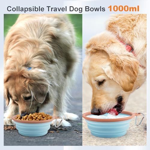 Collapsible Dog Bowls for Travel Portable Pet Food Bowl Compact Silicone Dog Water Dish with Carabiner Clip, BPA Free, Perfect for Large/Medium/Small Dog/Cat/Pets, 2 Pack, Sky Blue, 1000ML