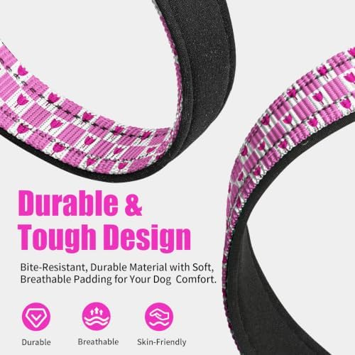 Kazazoo Large Dog Collar, Reflective Nylon Collar,No Pull,Heavy Duty Collar,Soft Neoprene Breathable & Quick Release Buckle Dog Collars for Labrador Retriever,Husky,Golden Retriever-Pink Flower-l