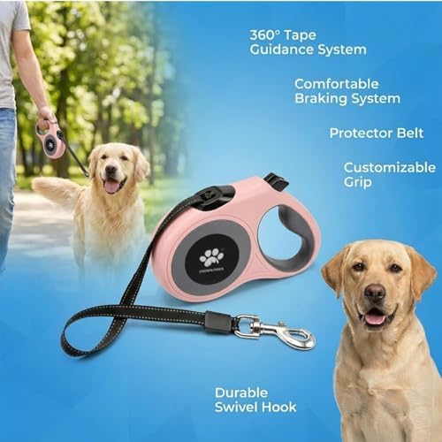 16 ft Retractable Dog Leash for Extra Large Dogs up to 130 lbs,Tangle-Free Nylon Tape,Pink Dan24 XL