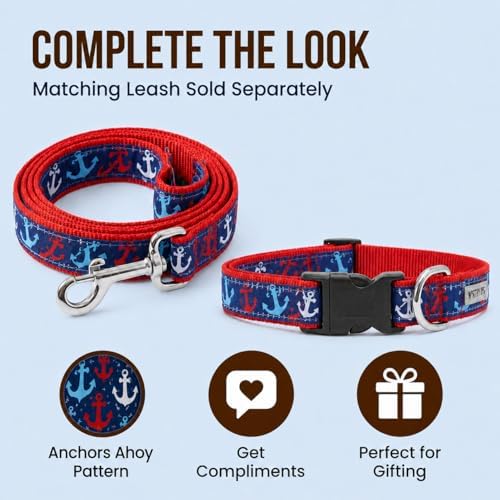THE WORTHY DOG Summer Print, Adjustable Dog Collar,Medium Dogs, Anchors