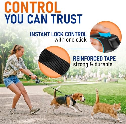 20.1 ft Retractable Dog Leash for Dogs 10–100 lbs - Heavy Duty Tape Leash with Strong Nylon Tape - 360° Swivel Control - One-Click Brake & Lock - Ergonomic Non-Slip Grip for Safe & Easy Daily Walks BL