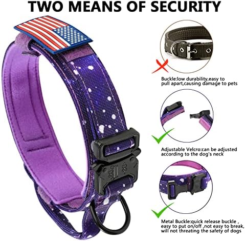 DAGANXI Tactical Dog Collar, Adjustable Military Training Nylon Dog Collar with Control Handle and Heavy Metal Buckle for Medium and Large Dogs, with Patches and Airtags Case (L, Purple Sky)