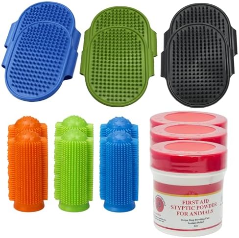Pet Grooming & Care Kit with Styptic Powder – Dog & Cat Bath Brush, Finger Toothbrush Set, 1oz Pet Nail Stop Bleeding Powder – Complete At-Home Grooming Bundle (15, Multicolor)
