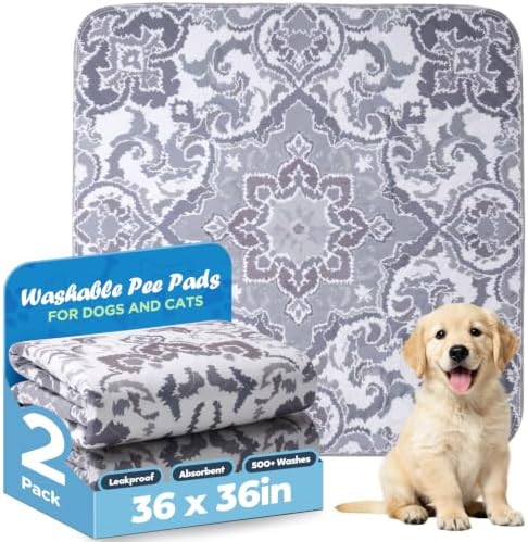Washable Pee Pads for Dogs 36" x 36" - 2 Pack, Gray, Stylish Reusable Puppy Training Pads - 100% Waterproof & Leak-Proof & Non-Slip, Potty Pads for Whelping, Crate, Floor