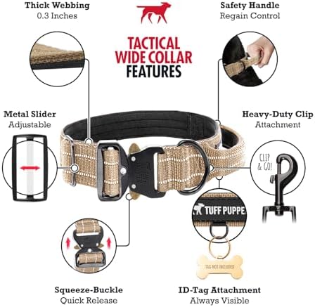 Tuff Pupper Tactical Dog Collar | Heavy Duty 1.5" Wide Ballistic Nylon | Training Control Handle | Quick-Release Metal Buckle | Reflective Bands | ID Tag Holder | Padded Inner Lining (Tan, Medium)