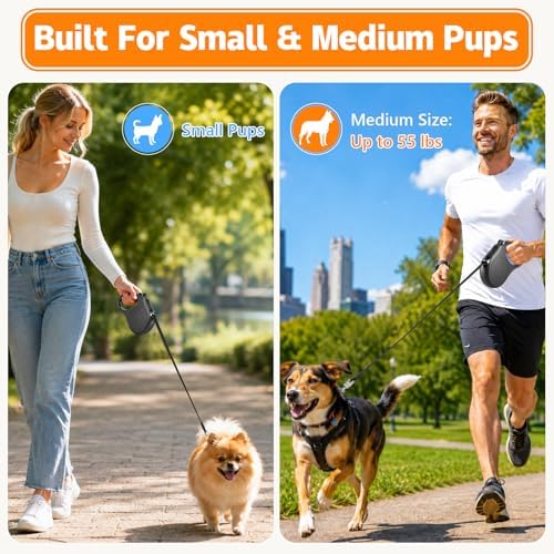 Retractable Dog Leash, 16 FT Strong Nylon Tape for Small and Medium Dogs up to 55 lbs, 360° Tangle-Free Design, One-Hand 3-Mode Brake & Lock, Ergonomic Non-Slip Handle, Black