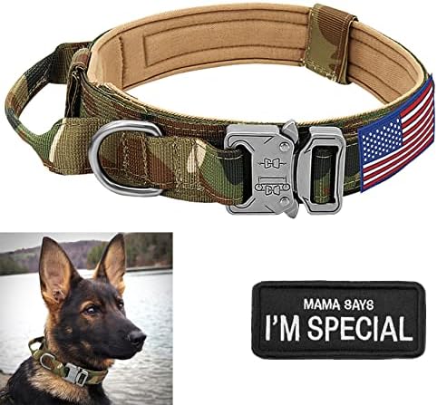 Large Tactical K9 Dog Collar - Heavy Duty with Handle, Camo for German Shepherd (X-Large, Green Camo)