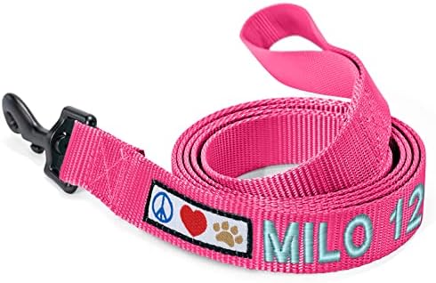 Pawtitas Personalized 6 ft Pink Dog Leash XS/S Custom Name and Phone Embroidery Strong Nylon Leash for Small Breeds