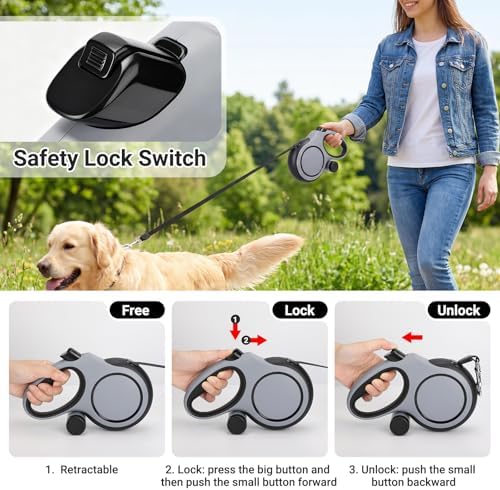 Segarty 26 Ft Walking Lead with Poop Bag Holder for Dog 66 lbs - 110 lbs, 8m Dog Leash Retractable with Anti-Slip Handle & One-Handed Brake Pause Lock, 360°Tangle-Free Leash for Pet Outside Activities