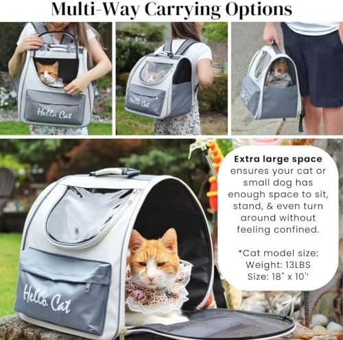 ClawsandPaws Spacious Cat Backpack Carrier, Portable Cat Carrier, Large Space for Pet, Backpack for Kitty Cat & Small Dogs up to 15lbs, Lightweight & Foldable Pet Carrier for Travel & Hiking (Grey)
