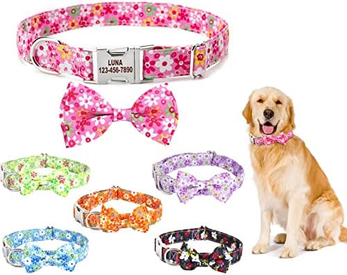 Personalized Dog Collar with Bow Tie - Birthday Custom Dog Collar Flower with Metal Buckle Adjustable Cute Collar for Girl Puppy Small Medium Large Dog