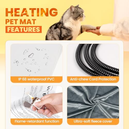 Indoor Heated Cat House, Adjustable Temperature Cat Heating Bed with Timer and Chew Resistant Cord, Large Cat House with Heating Pad for Small Medium and Large Cats