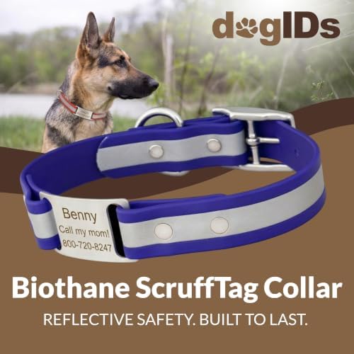 dogIDs Personalized Reflective Waterproof ScruffTag Dog Collar - Custom, Soft Grip, Safe Adjustable, Odor Resistant - Blue, 1 in x 18 in (Fits Neck Sizes: 16-20 in)