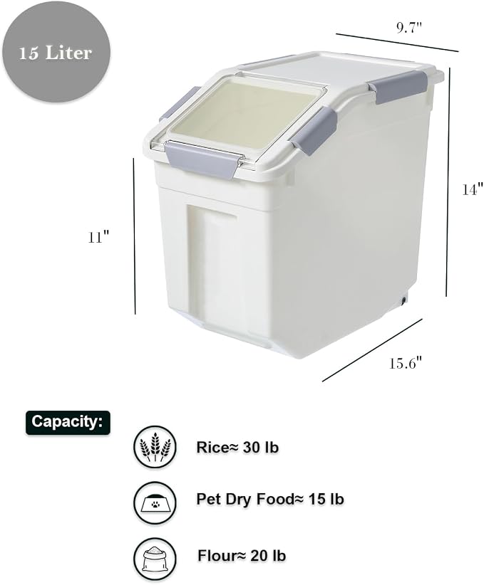 15 Liter / 30 lbs Rice Storage Container with Measuring Cup, BPA free, For Rice | Grain | Pet Food | Flour, 1 count, White