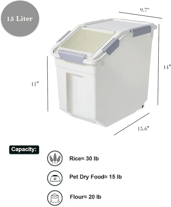 15 Liter / 30 lbs Rice Storage Container with Measuring Cup, BPA free, For Rice | Grain | Pet Food | Flour, 2 count, White