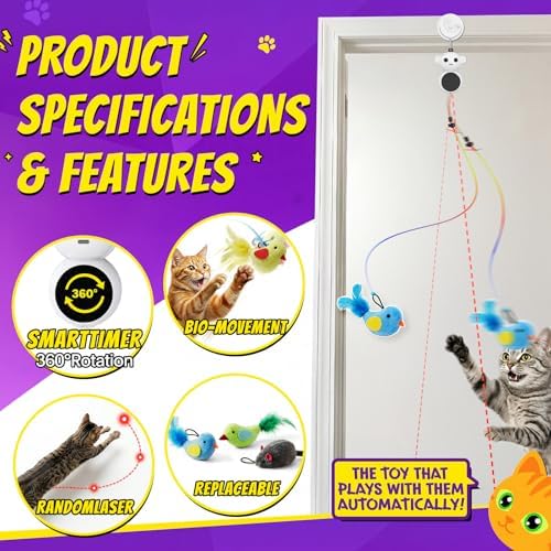 Interactive Cat Toys for Indoor Cats: 2-in-1 Laser Pointer Cat Toy with Automatic Flying Bird & Mouse Wand, Adjustable Speed USB Rechargeable Doorway Hanging Toy for Bored Kittens and Adult Cats