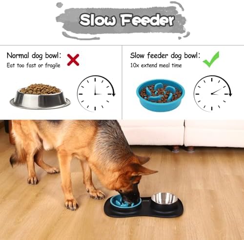 MateeyLife Dog Food and Water Bowl Set 3 in 1, Slow Feeder Dog Bowls & Stainless Steel Water Bowl with Non-Spill Silicone Mat, Cat and Puppy Bowls Pet Dishes for Small Medium Large Breed Anti-Choking