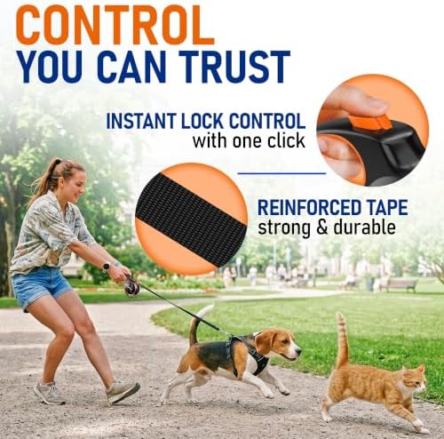 20.1 ft Retractable Dog Leash for Dogs 10–100 lbs - Heavy Duty Tape Leash with Strong Nylon Tape - 360° Swivel Control - One-Click Brake & Lock - Ergonomic Non-Slip Grip for Safe & Easy Daily Walks OR