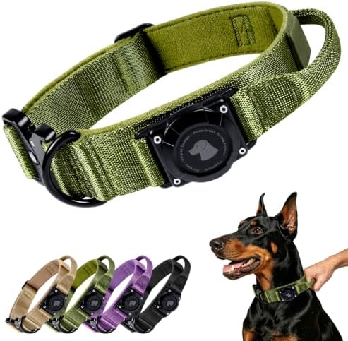 Tactical AirTag Dog Collar with Holder for Medium Large Dogs, Green, M