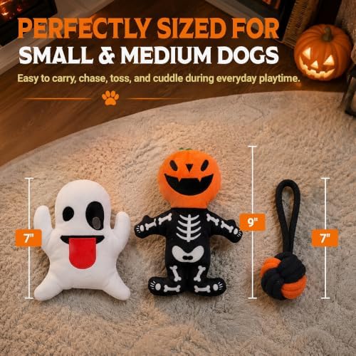 Pacific Pups Products Halloween Dog Toys for Small Dogs — 3-Pack | 2 Halloween Dog Plushies + Rope Toy | Soft, Squeaky & Spooky | Benefits Dog Rescue
