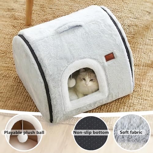 cat Bed cave-cat beds for Indoor Cats,Soft and Comfortable Cute Pet Bed，cat House,with Removable Washable Cushioned Pillow,Enclosed cat Bed,Kitty pet hut、Hideaway,Small Large Dog Tent (Grey)