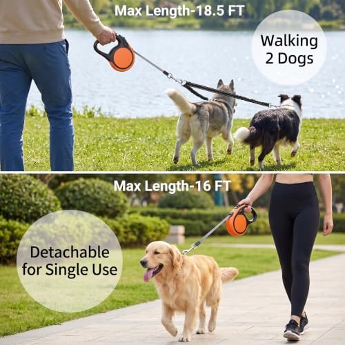 Dual Retractable Dog Leash for Small Breed (Up to 44 Lbs Each) - Double Headed 18.5 ft Extendable Pet Leash with Poop Bags, Non Slip Grip - One Button Break & Lock, 360 Tangle-Free (Orange, Medium)