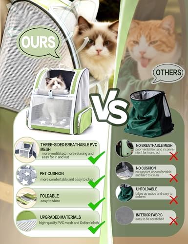 Cat Backpack Carrier with Washable Bed Mat Green Cat Carrier