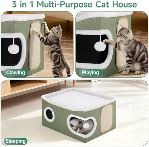 Shikha Extra Large Cat House Bed for Multi Cats with Scratch Pad Green