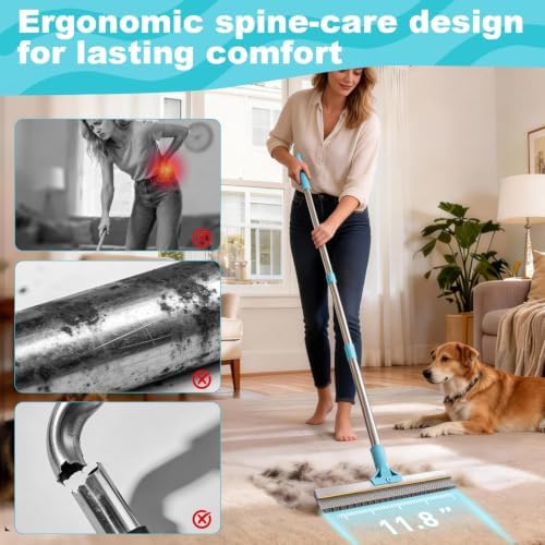 Vivifying Carpet Rake Pet Hair Remover, 56" Adjustable Handle, Blue