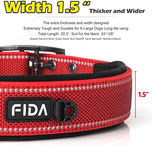 Fida Heavy Duty Dog Collar for Large Dogs with Metal Belt Buckle, Red
