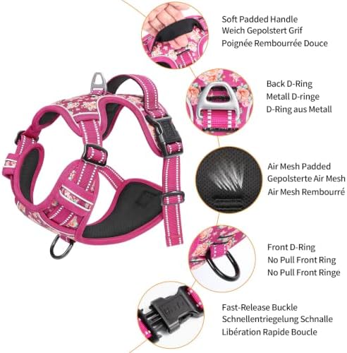 HEELE No Pull Large Dog Harness, Soft Breathable Padded Vest, Flower Rose L