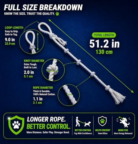 51" Extra Long Dog Rope Tug Toy with Loop Handle – 6-Knot Cotton Rope for Training, Tug-of-War & Interactive Play, Durable for Medium & Large Dogs, Indoor & Outdoor, Washable, White
