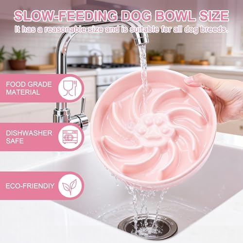 Ceramic Slow Feeder Dog Bowl, 3 Cup Dog Food or 25oz Water, Slow Eating Bowl for Middle Breed, Maze Puzzle Feeder for Fast Eaters, Anti-Choking Stop Bloat, Non-Slip BPA Free (Pink)