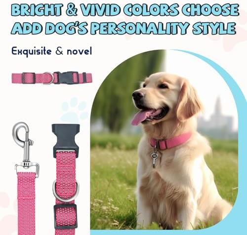 Reflective Dog Collar and Leash Set, Nylon Dog Leash with Heavy-Duty Steel D-Ring, Adjustable with Quick Release Buckle for Small Dogs, Pink S