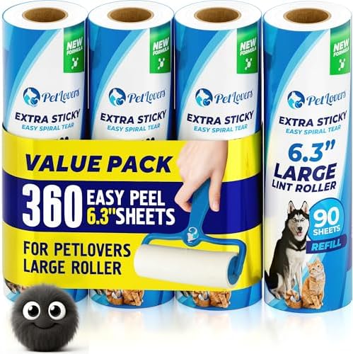 PetLovers 6.3" Extra Sticky Lint Roller 4 Pack of Large Refills Only - No Handle Included - 90 Sheets Per Refill 360 Sheets Total 4 Pack