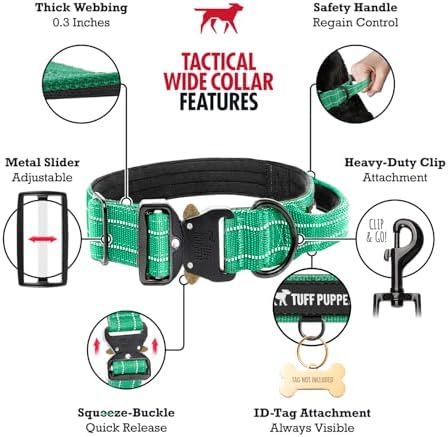 Tuff Pupper Tactical Dog Collar | Heavy Duty 1.5" Wide Ballistic Nylon | Training Control Handle | Quick-Release Metal Buckle | Reflective Bands | ID Tag Holder | Padded Inner Lining (Green, Large)