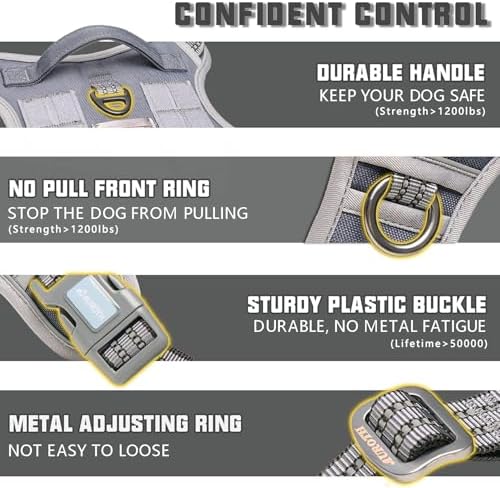 Auroth Tactical Dog Harness for Large Dogs No Pull Adjustable Pet Harness Reflective K9 Working Training Easy Control Pet Vest Military Service Dog Harnesses Grey L