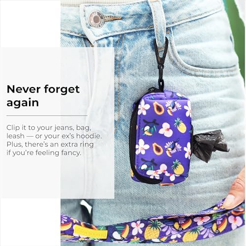 KIKI & RIKI Premium Dog Poop Bag Holder, Waste Bag Dispenser with Leash Clip, Artist-Designed Print (Designed in Georgia), Includes 1 Starter Roll of Bags, Fits Standard Rolls, Purple (Tropical Vibes)