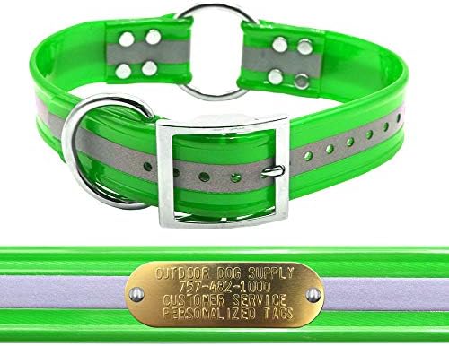 Reflective D & Center Ring 1.5" Dog Collar w Custom Nametag, Lime Green