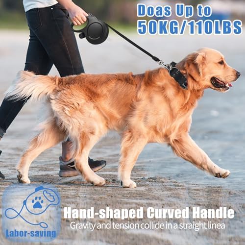 26 ft Retractable Dog Leash - Heavy Duty Retractable Pet Leash with Anti-Slip Grip for Medium to Large Dogs up to 110 lbs (Black)