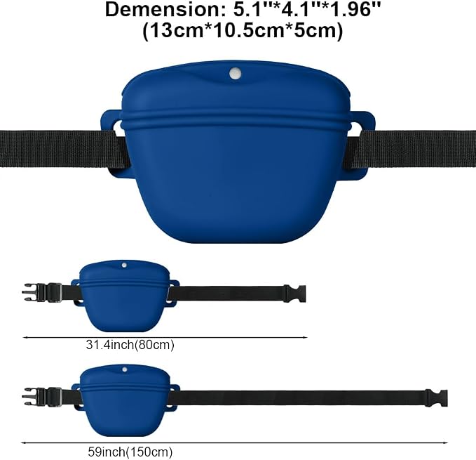 AOMIG Dog Treat Pouch with Training Clicker, 1.67 Cup Silicone Dog Treat Bag with Stronger Magnetic Closure, Portable Pouches for Pet Training Walking Premium Fanny Pack with Waist Belt(Dark Blue) | Silicone Bag Treats, Training, Portable, Dark Blue