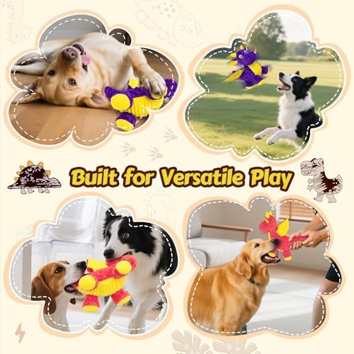 Squeaky Dog Toys - 2 Pack Plush Dragon Dog Toys with 5 Squeakers, Crinkle Wings & Ears, Soft Cute Dog Toys for Boredom, Small Medium Dogs and Gentle Large Dogs (Pink & Purple,10")