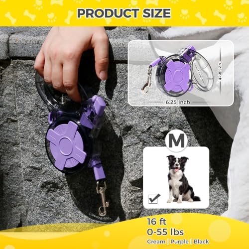 16 ft Retractable Dog Leash, Transparent Design, Up to 55 lbs