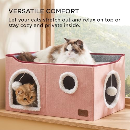 Bedsure Extra Wide Cat House Bed with Fluffy Ball and Scratch Pad,Pink