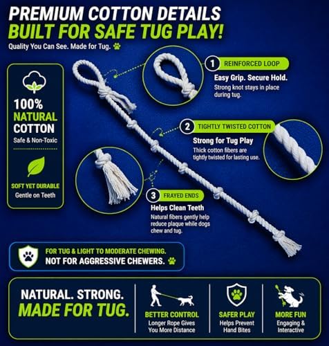 51" Extra Long Dog Rope Tug Toy with Loop Handle – 6-Knot Cotton Rope for Training, Tug-of-War & Interactive Play, Durable for Medium & Large Dogs, Indoor & Outdoor, Washable, White